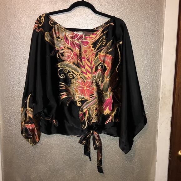 Cache Glam Edgy Party Up Town Old Money Scandi Silk Waist Tie Floral Cutouts Top - Picture 1 of 16
